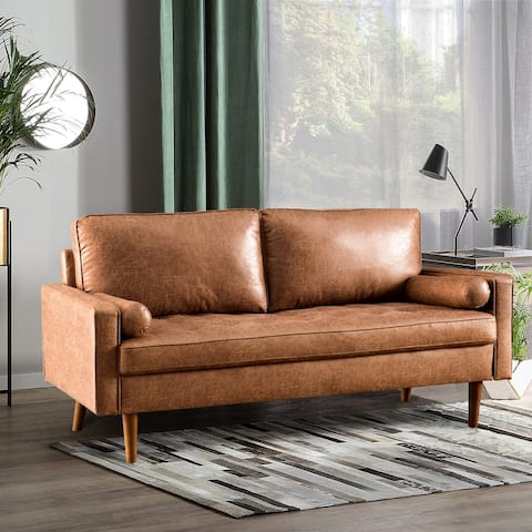 VIATOL Mid-Century Top-Grain SUEDE Leather Deep Seat Sofa With Cushions Wood Legs