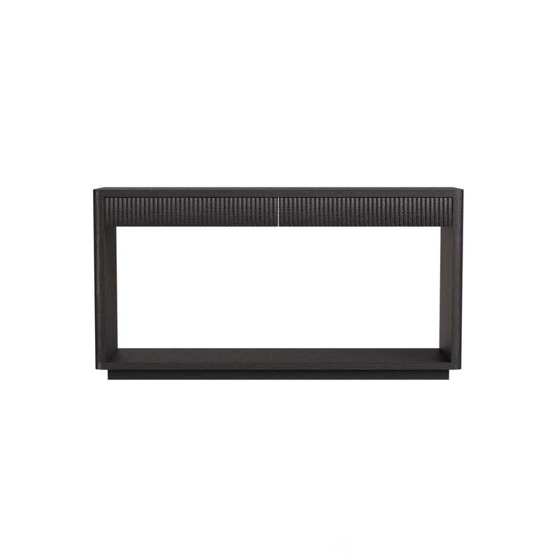 60" Modern 2-Drawer Fluted Console Table Natural Wood Veneer Sofa Table Behind Couch Table for Living Room, Hallway, Entryway