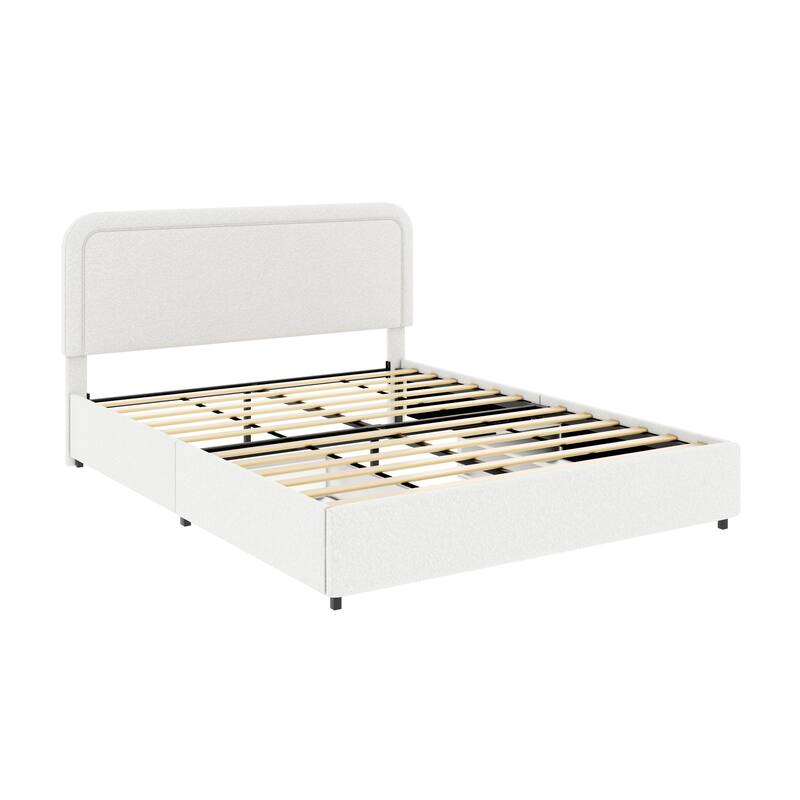2-Drawers Storage Bed Queen Size Ivory Boucle Upholstered Platform Bed