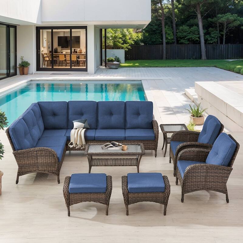 Gymojoy L-Shaped Outdoor Sectional Sofa Set with Patio Chairs Ottomans & Coffee Table - Blue - 7-Piece