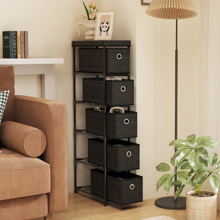 Black MDF Storage Tower with 5 Foldable Drawers Metal Structure and Industrial Wood Top