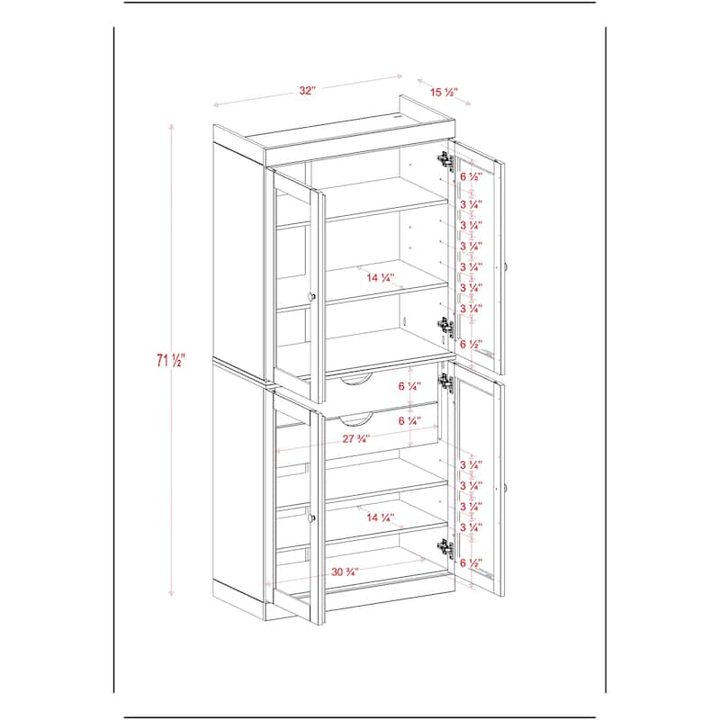 Palace Imports 100% Solid Wood Pantry Cabinet with Frosted, Clear Glass or Solid Doors, 2-Drawers and Adjustable Shelves