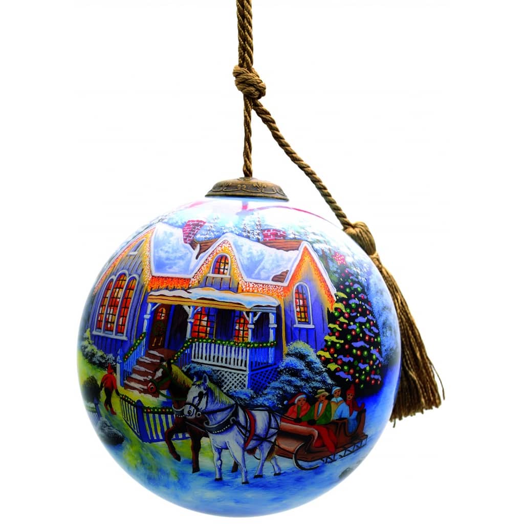 Christmas Home and Horse Carriage Hand Painted Mouth Blown Glass Ornament - 4" x 4" x 4"