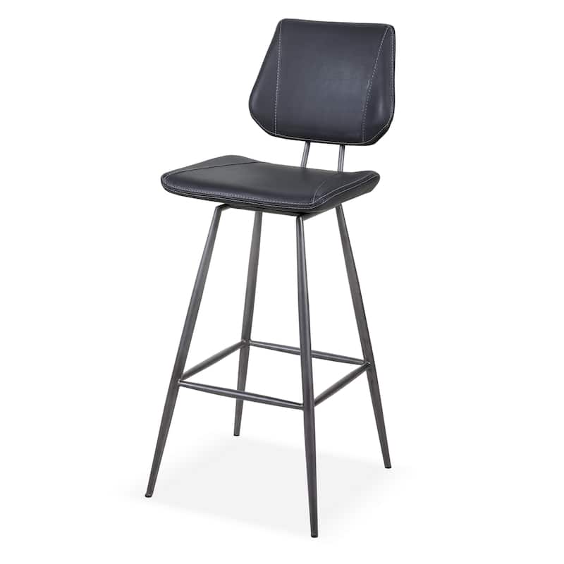 Leather Upholstered and Metal Bar Height Stool, Stitch Details, Set of 2, Black