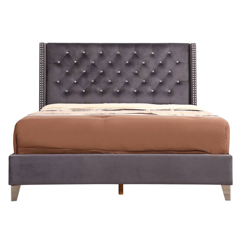 Upholstered Bed Frame with Tufted Headboard - Gray Bed, 66x86 Inch, Modern Design, Box Spring Needed