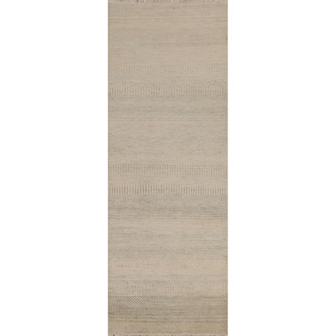 Abstract Beige Runner Rug Handmade Oriental Wool Carpet - 2'7" x 8'2"