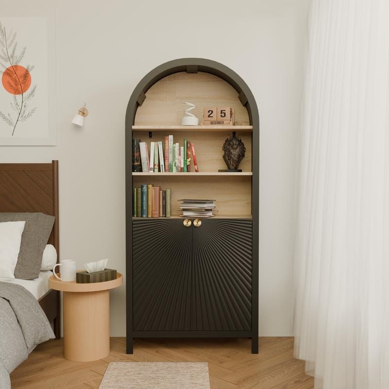 61" Mid-Century Modern Arched Bookcase With Storage Doors - 5-Tier Black Display Cabinet - Black