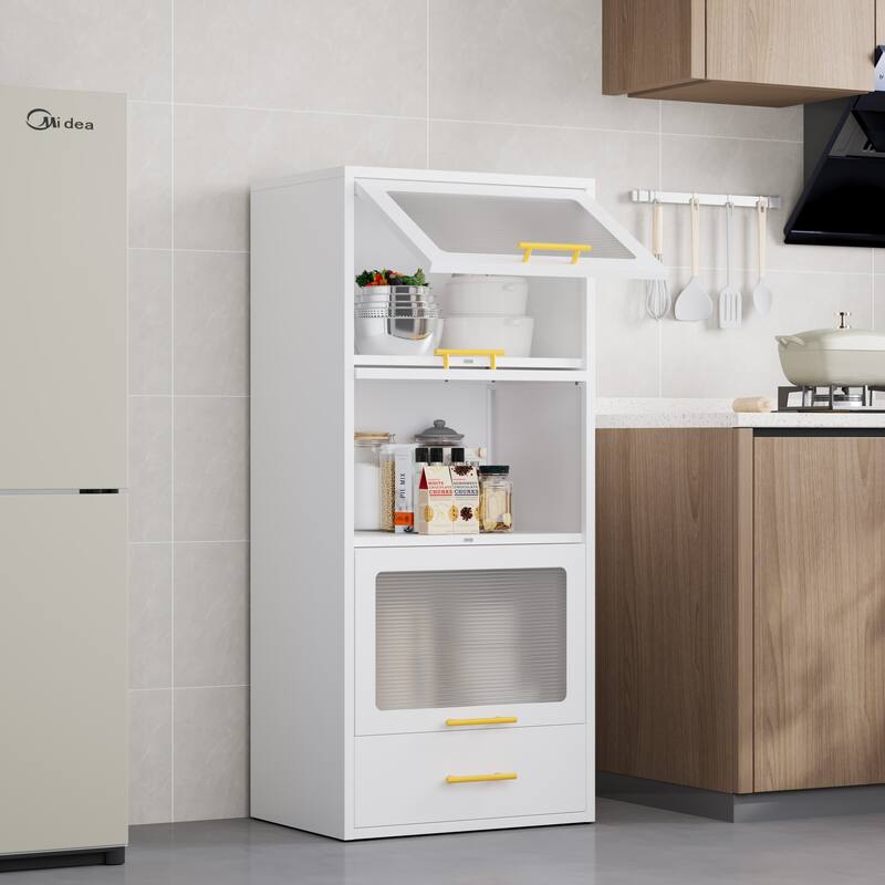 Freestanding Metal Display Storage Cabinet,Cupboard with Flip-up Acrylic Doors and Drawer - White - 3-Tier