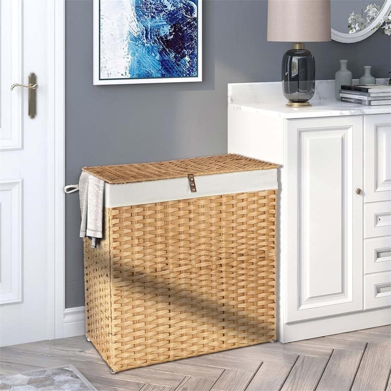 110L Wicker Laundry Baskets Foldable 2 Removable Liner Bags - 22.2"L x 13.3"W x 24"H