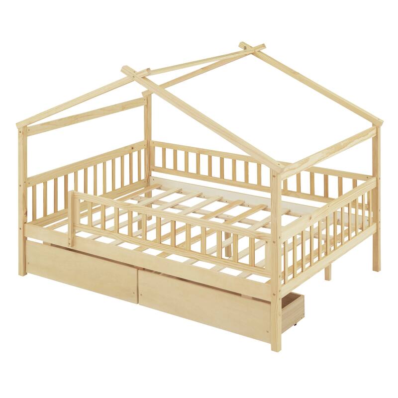 Full Size Wooden House Bed with Two Drawers, Natural
