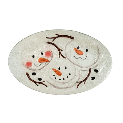 Transpac Glass 20.5 in. White Christmas Fused Snowman Pals Platter