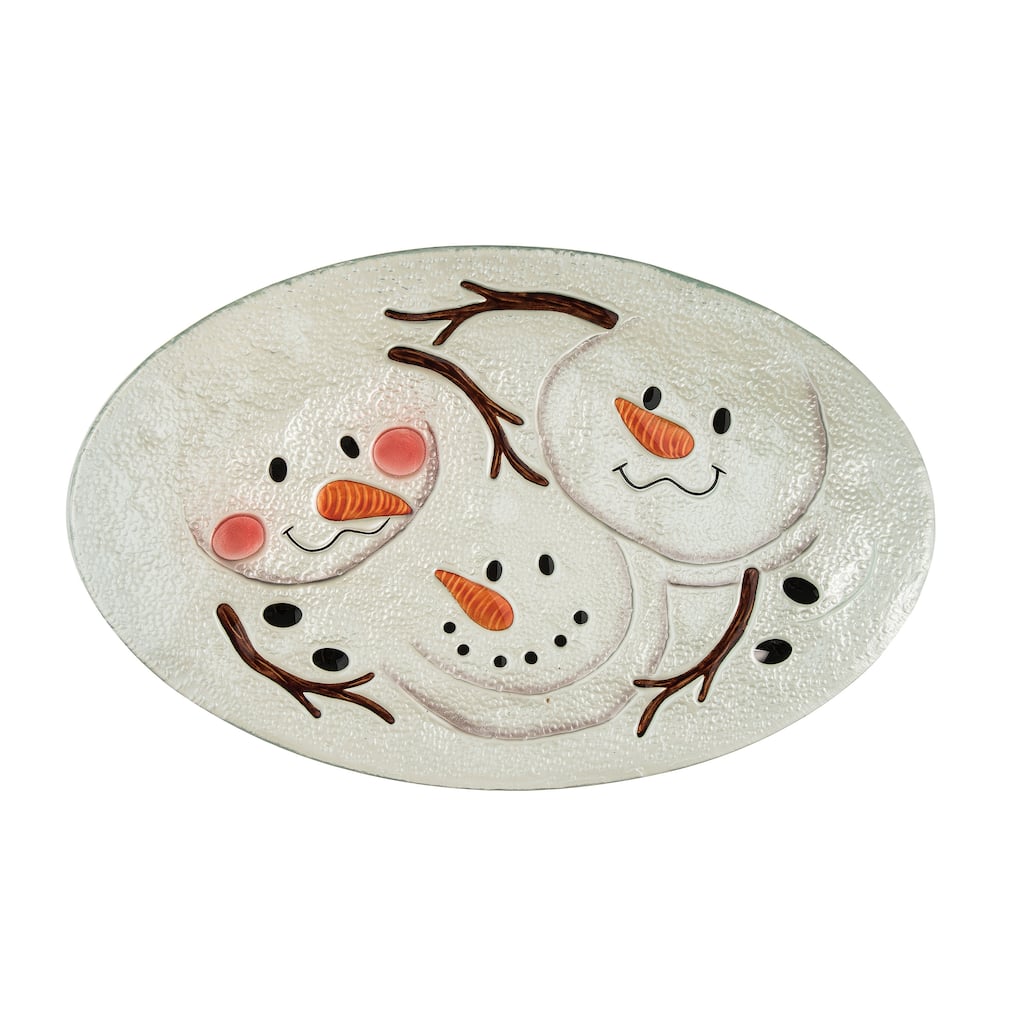 Transpac Glass 20.5 in. White Christmas Fused Snowman Pals Platter