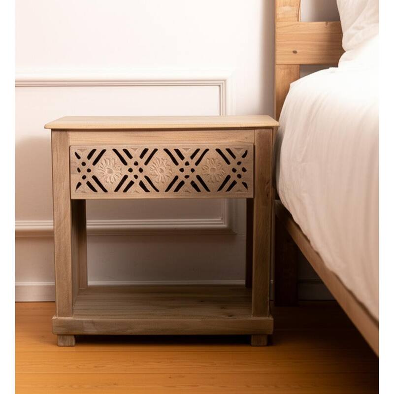 HomeRoots 28" Natural Solid Wood Carved Geometric One Drawer Nightstand - Natural - 1-drawer