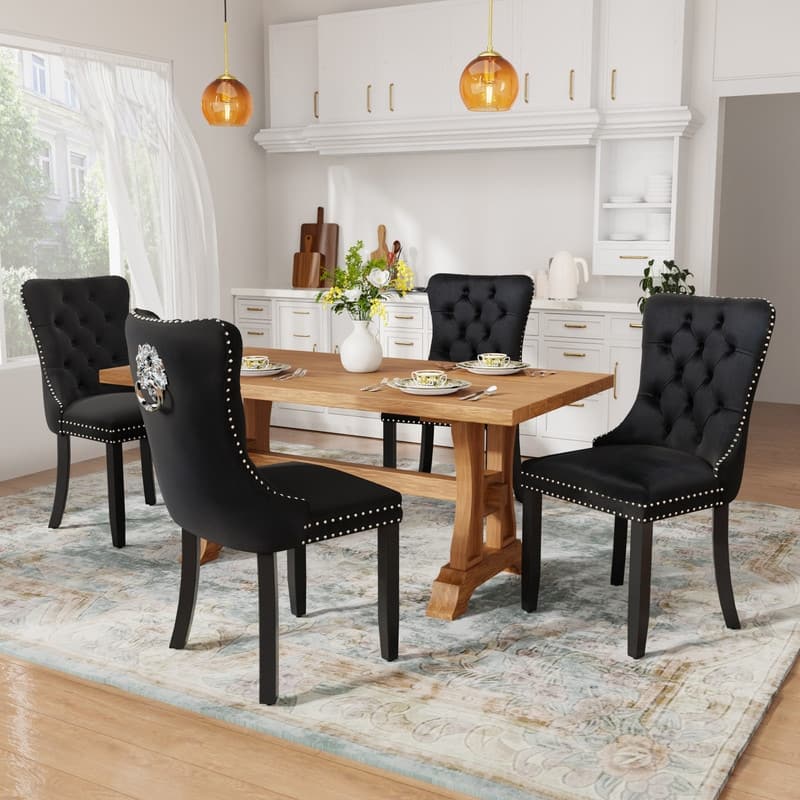 Solid Wood Velvet Upholstered Dining Chair Set of 4 - Black