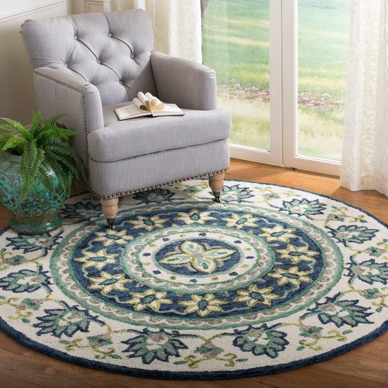 SAFAVIEH Handmade Novelty Jaylynn Mandala Wool Rug - 6' Round - Ivory/Blue