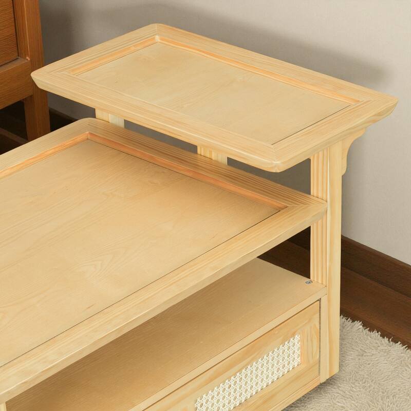 31.5'' Modern Coffee Table with Rattan Drawer, Dual Tabletops & Storage Shelf, Wooden Accent Table for Living Room