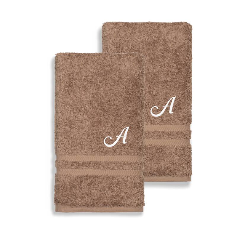 Authentic Hotel and Spa Omni Turkish Cotton Terry Set of 2 Latte Brown Hand Towels with White Script Monogrammed Initial - BrowMulti