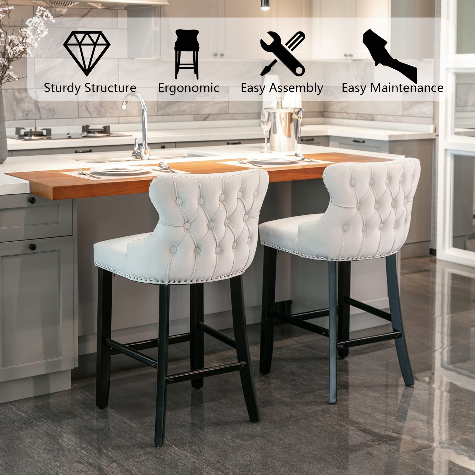 Velvet Wingback Bar Stools Set of 2 Upholstered Button Tufted