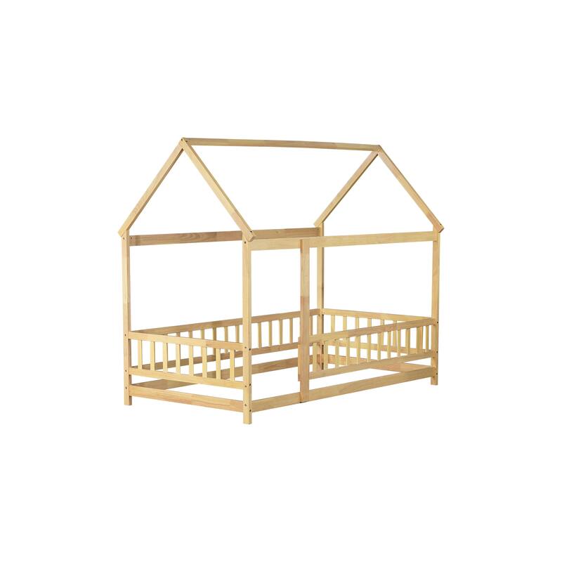 Twin Size House Floor Wooden Bed with Roof Frame, Safety Guardrails, Natural
