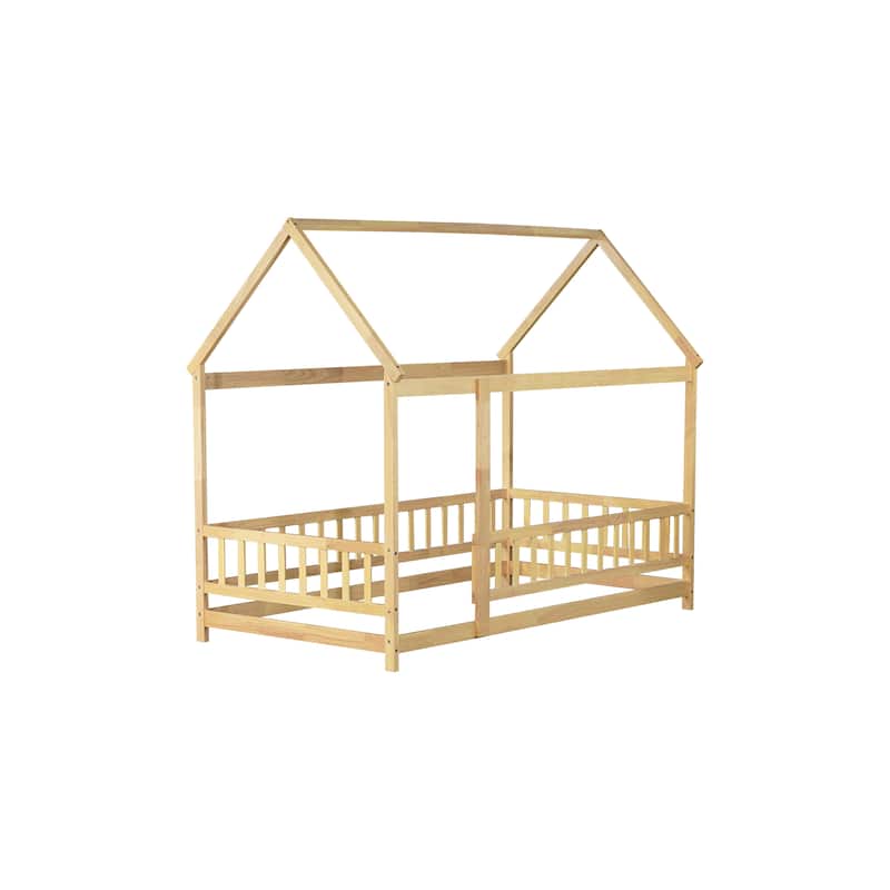 Twin Size Wooden Floor Bed with Roof Frame and Guardrails, Montessori Style Kids House Bed