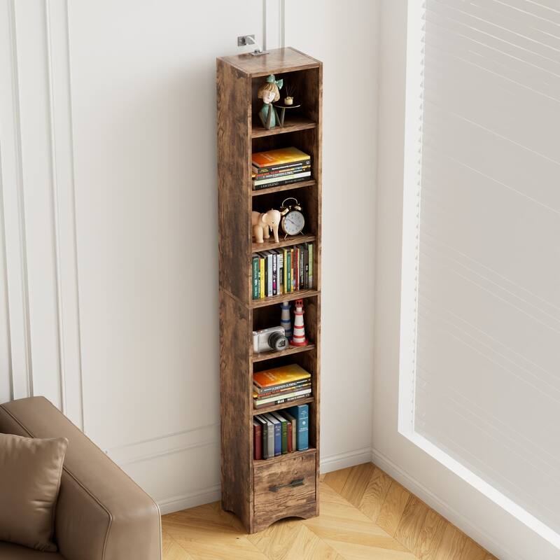 Javlergo Tall 7-Tier Adjustable Corner Bookcase with Drawer MDF Storage Shelf for Living Room Bedroom Kitchen and Entryway