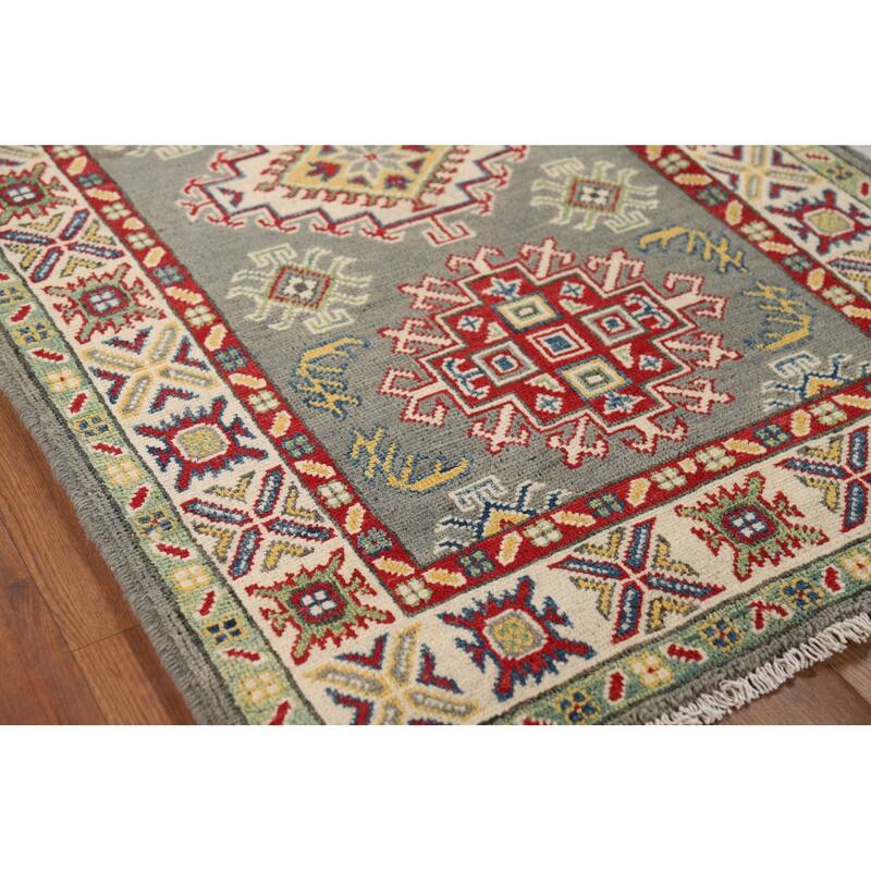 Geometric Kazak Foyer Rug Handmade Grey Wool Handmade Wool Carpet - 2'8" x 4'2"