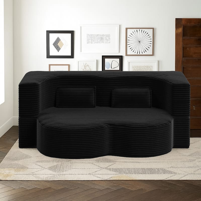 Modern Minimalist Compressed Upholstered Convertible Two-Seater Sofa Bed with 2 Pillows - Black Corduroy