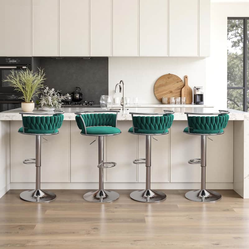 4 Set Modern Velvet Adjustable Swivel Bar Stools with Metal Frame - Silver/Dark Green