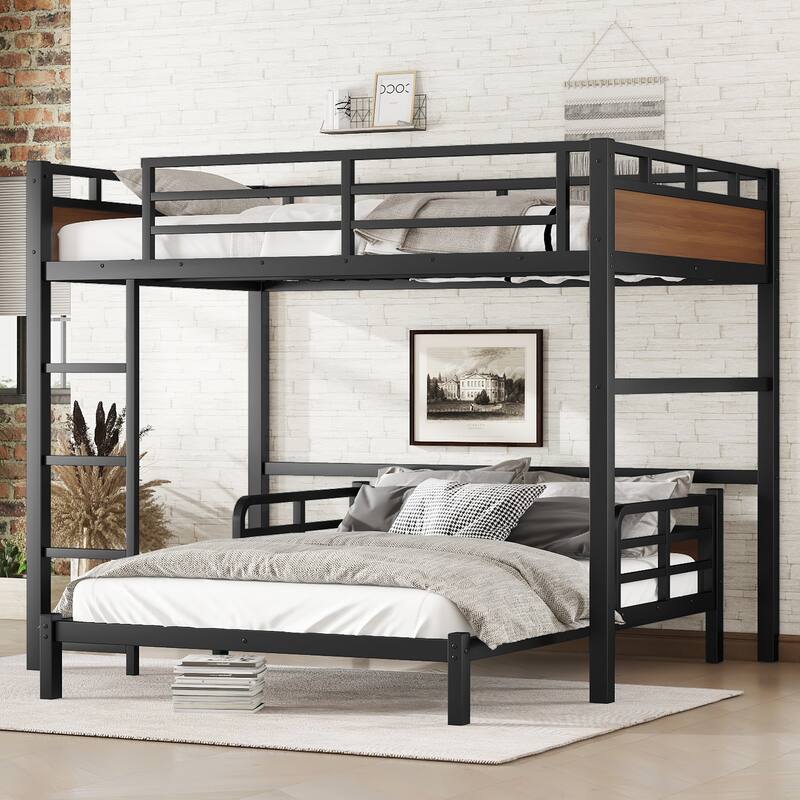 Full XL over Full XL Metal Bunk Bed with Security Fence, Walnut Color, Space-Saving Design - Walnut