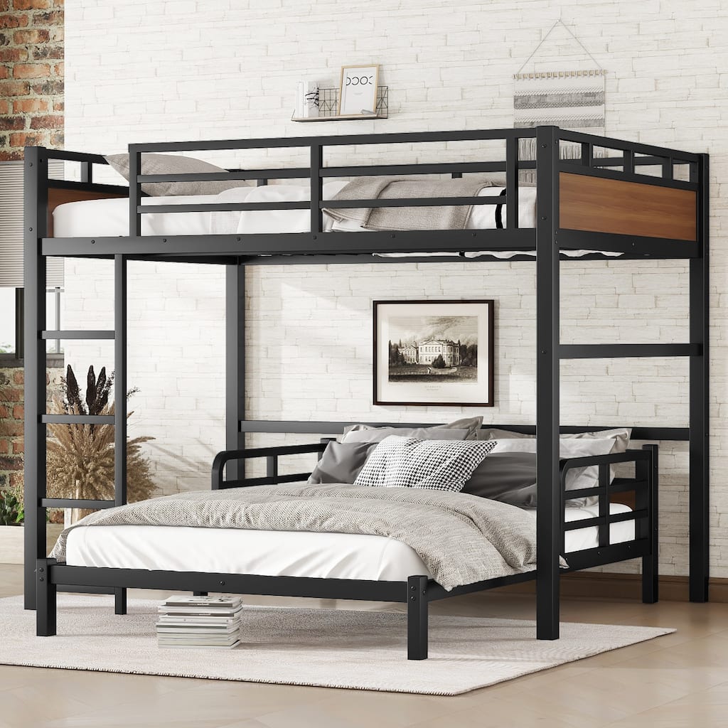 Full XL over Full XL Metal Bunk Bed with Security Fence, Walnut Color, Space-Saving Design