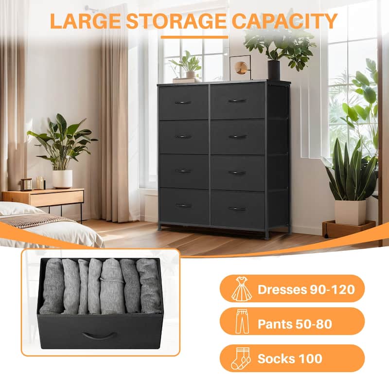 Dresser for Bedroom, 8 Storage Drawers, Tall Fabric Closet Chests Organizer Tower Furniture with Wooden Top Metal Frame