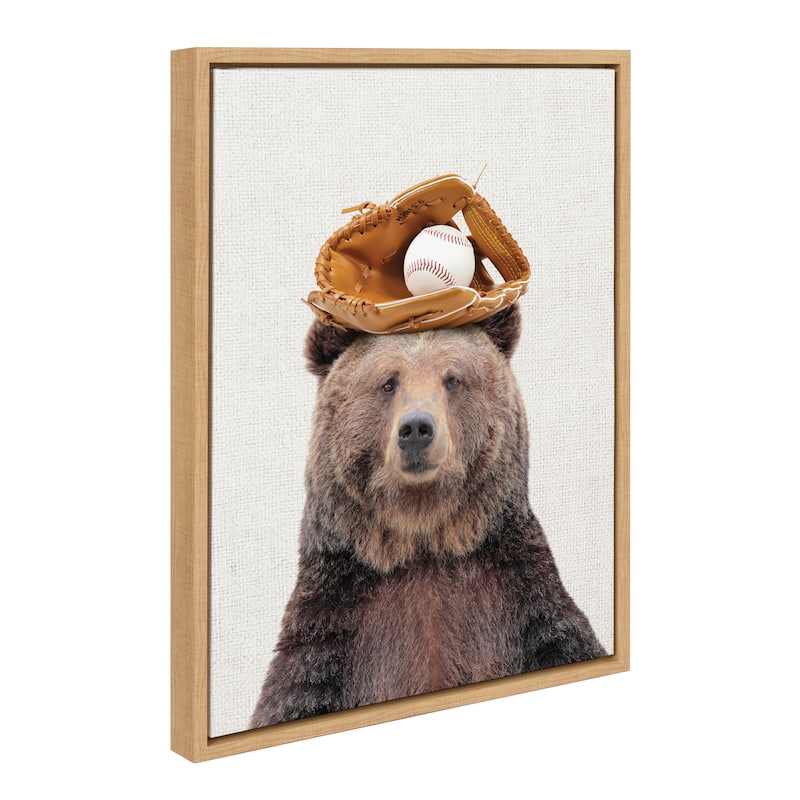 Kate and Laurel Sylvie Bear Baseball Framed Canvas by Amy Peterson - 18x24 - Natural