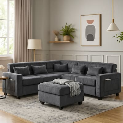Reyna Sectional Sofa, Ottoman, Adjustable Back, Gray Chenille 115 Inch