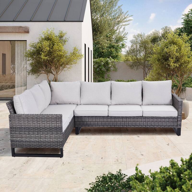 Gymojoy L-Shaped Outdoor Corner Sectional Sofa 6-seats Couch Conversation Set - 1 PC - Sectional Sofa - Grey Wicker / Beige Cusion