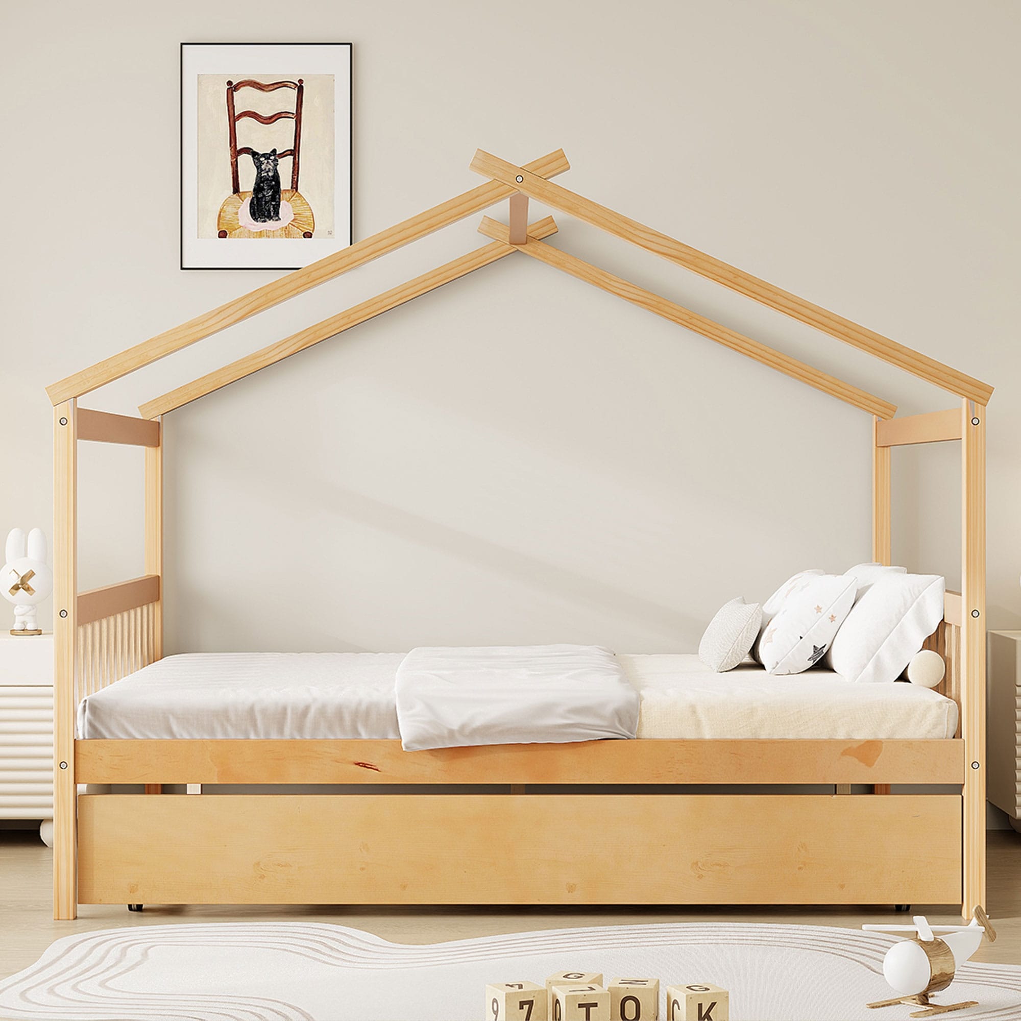 Roomfitters Full Size Wooden House Bed with Trundle, Solid Pine Frame, Space-Saving Platform Bed, Natural