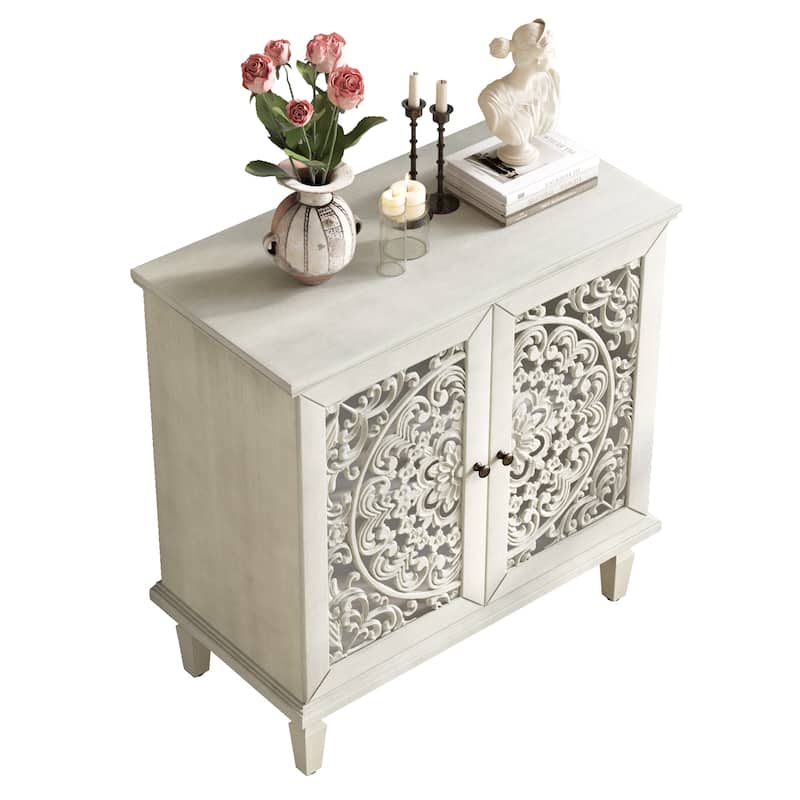 GDF Studio - Vintage Hollow-Carved Accent Cabinet, 2-Door Display Sideboard with Adjustable Shelf