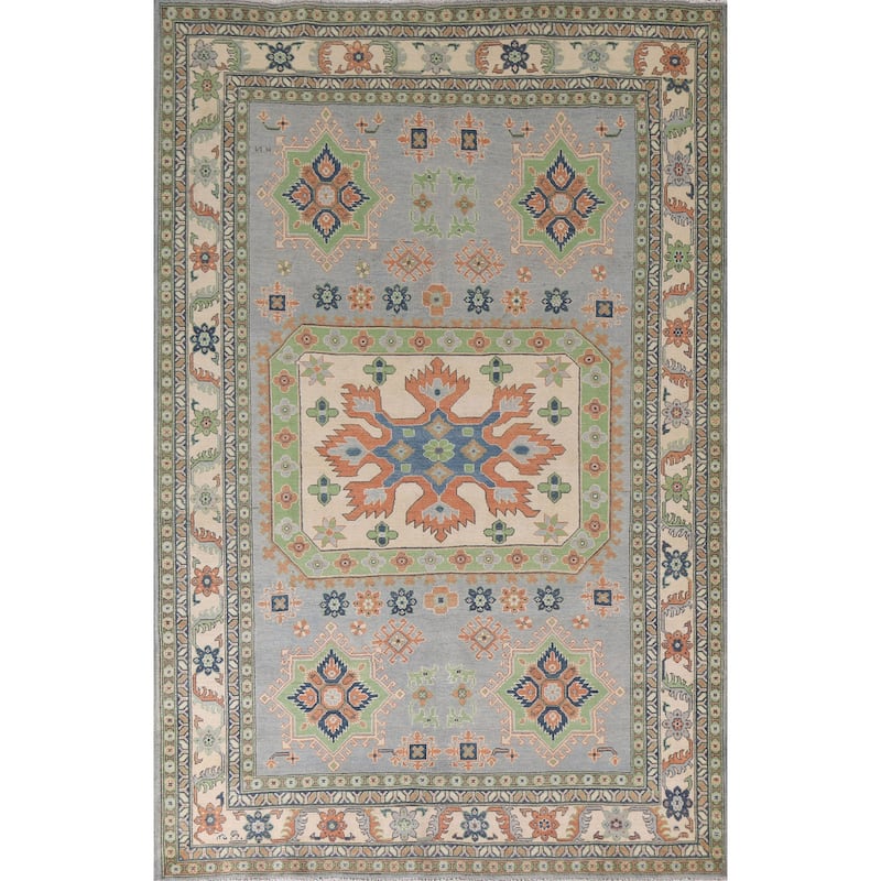 Hand Knotted Oriental 100% Wool Carpet Traditional Geometric Greys & Charcoal Kazak Area Rug - 9' 10'' X 6' 10''