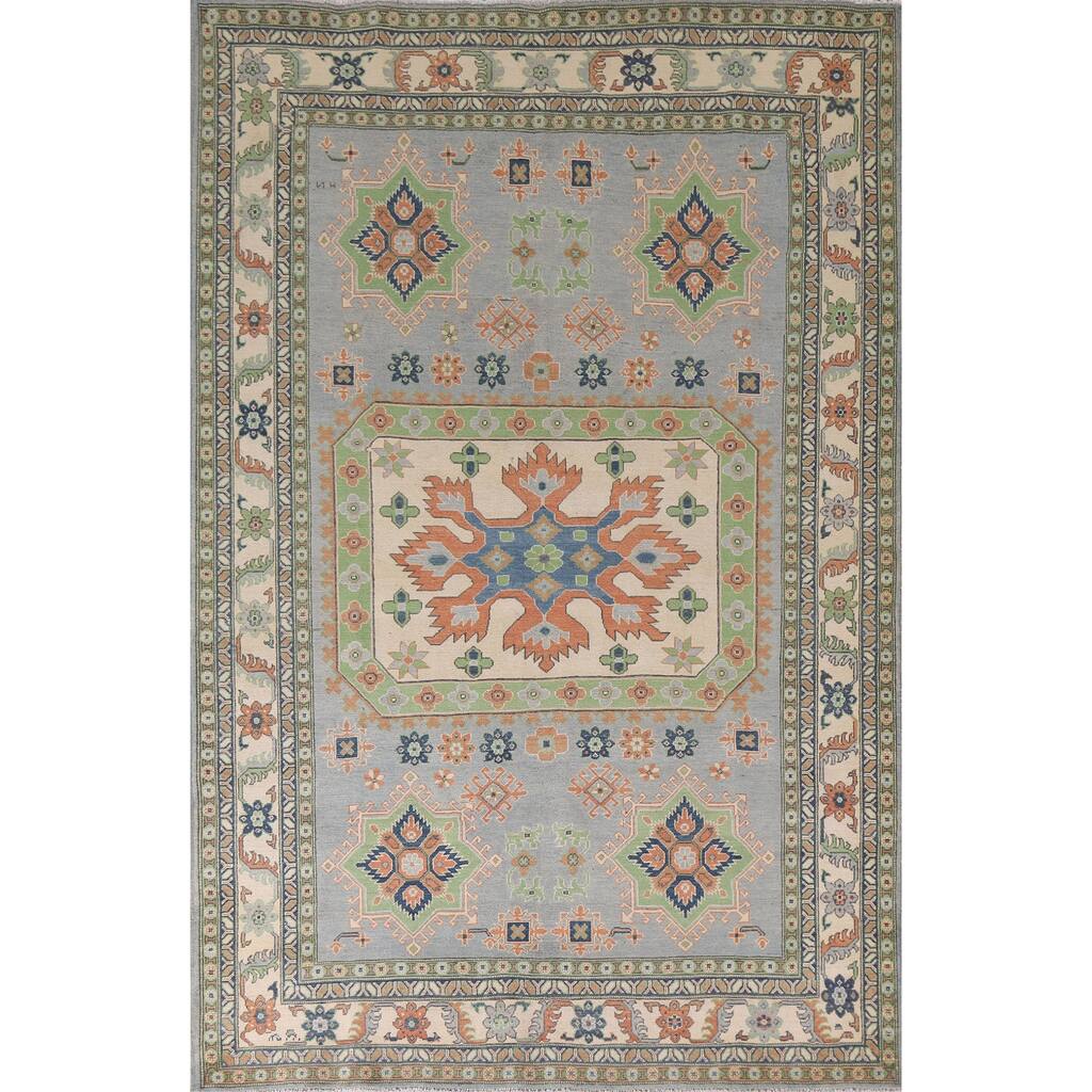 Hand Knotted Oriental 100% Wool Carpet Traditional Geometric Greys & Charcoal Kazak Area Rug - 9' 10'' X 6' 10''