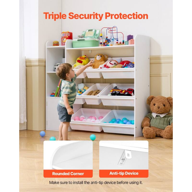 White MDF Kids Toy Organizer with Bookshelves, Bins and Storage Cabinets