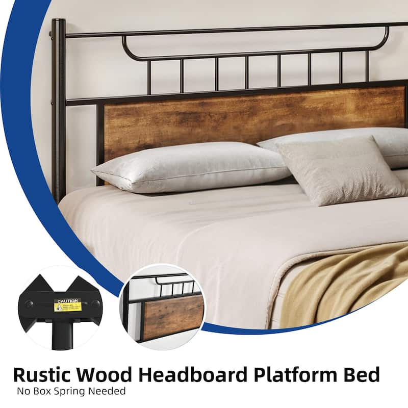 Industrial Wood Bed Frame with Headboard