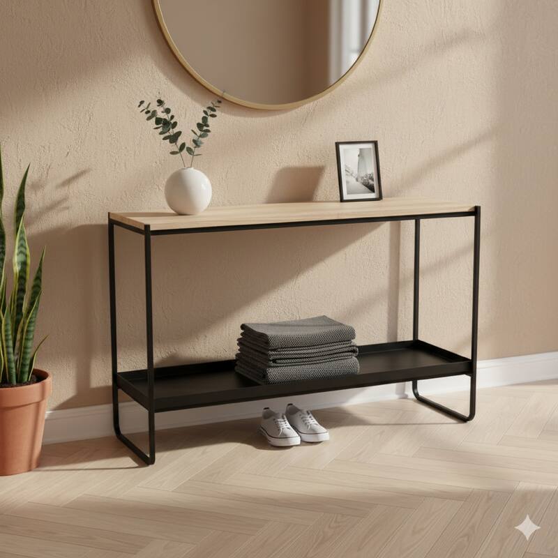 Evon 39 Inch Console Table, Natural Brown Wood Top and Shelf, Black Metal