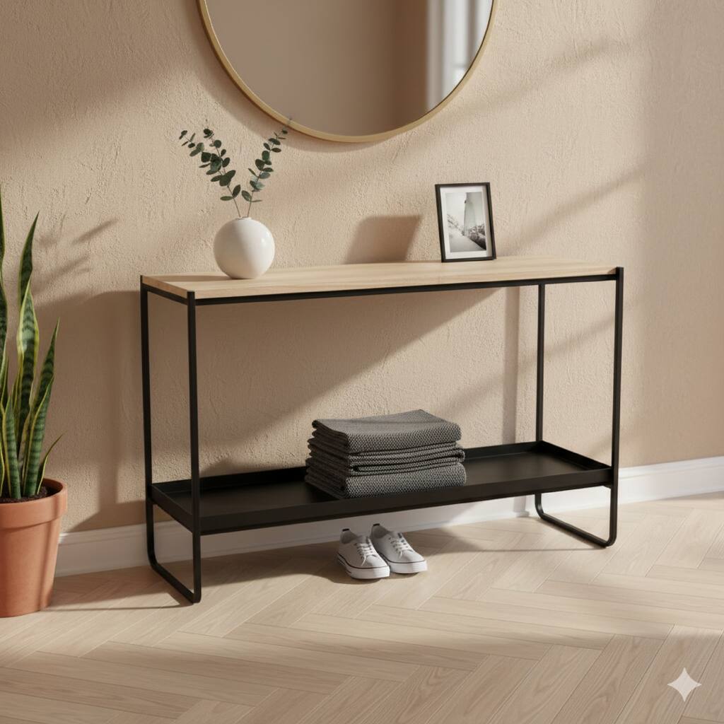 Evon 39 Inch Console Table, Natural Brown Wood Top and Shelf, Black Metal