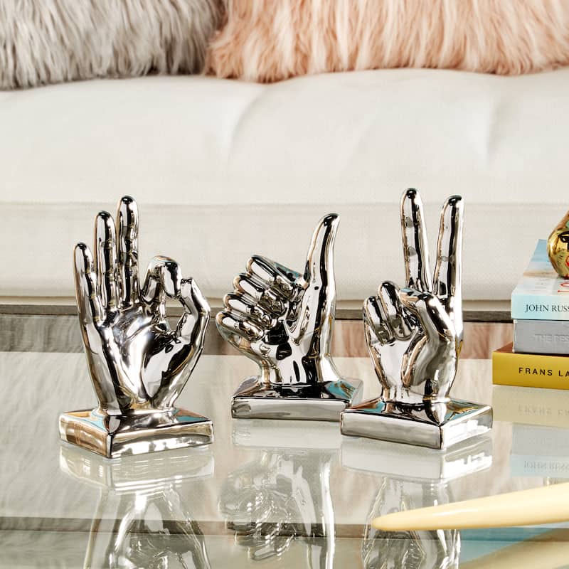 Porcelain Ceramic Hands Sculpture - Set of 3 Silver - CosmoLiving by Cosmopolitan - 3"W x 4"L x 6"H