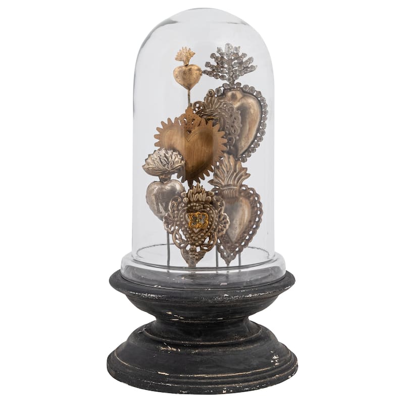 Decorative Tin Sacred Hearts on Wood Pedestal with Glass Cloche
