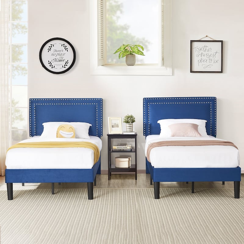 2 Pcs Upholstered Twin Size Platform Bed with Adjustable Headboard - Dark Blue - Twin
