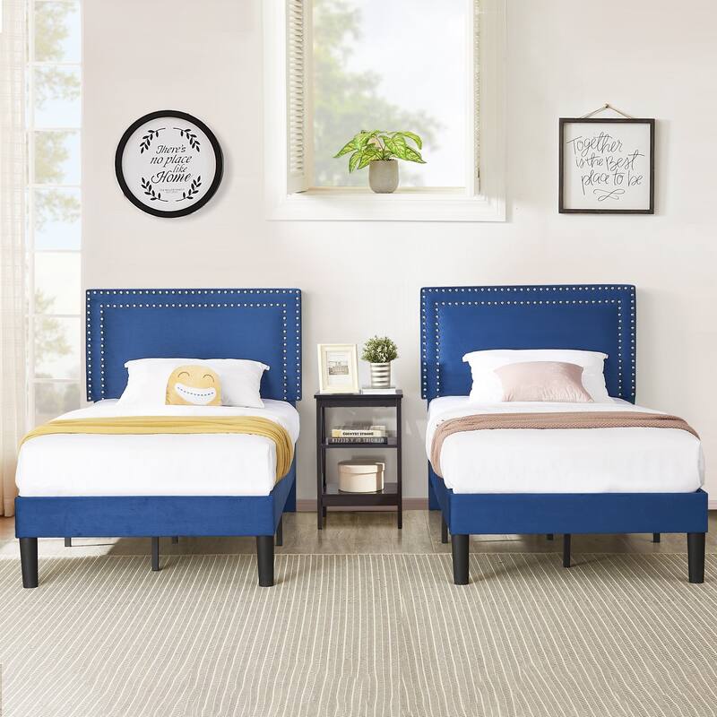 Upholstered Platform Bed Frame with Adjustable Headboard, Velvet Nailhead Trim, No Box Spring Needed