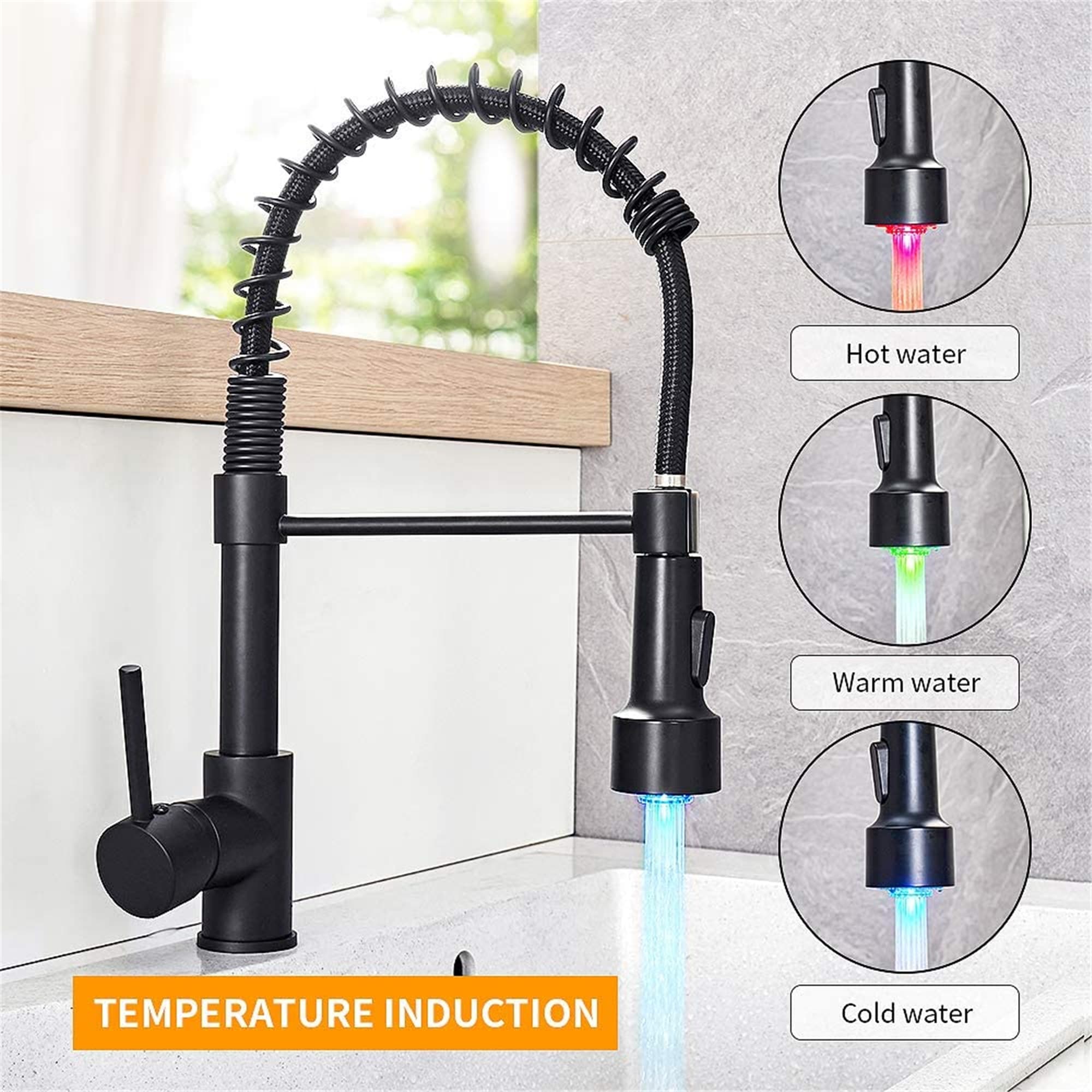 Kitchen Faucet with Sprayer, Modern Single Handle Pull Down Sprayer Spring Matte Black Kitchen Sink Faucet