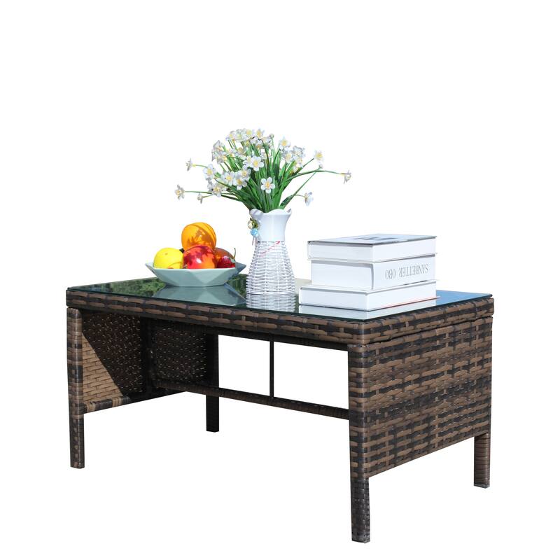 Anmytek Brown Wicker Patio Coffee Table with Tempered Glass Top, Rustic Modern Outdoor Furniture for Garden, Porch & Backyard