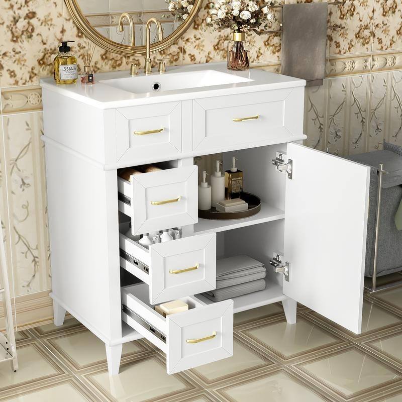Modern Freestanding Bathroom Vanity with 30-Inch Ceramic Sink, Soft Close Storage Cabinet with 3 Drawers & Adjustable Shelf - White