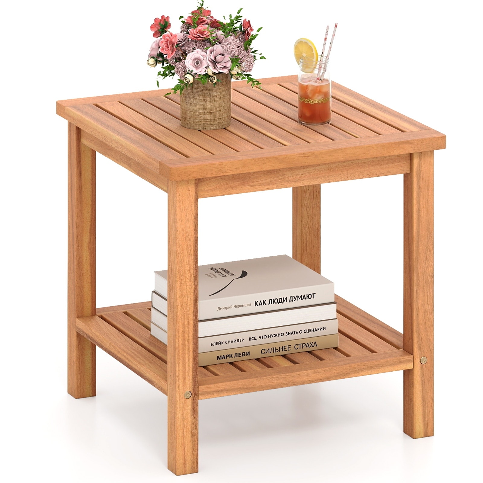 Gymax 2-Tier Patio Acacia Wood Side Table w/Slatted Tabletop Storage
